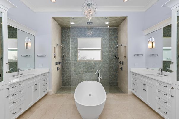 Bathroom, Chandelier, Dual Sink Vanities, Free Standing Baths, Interior, Recessed Lighting