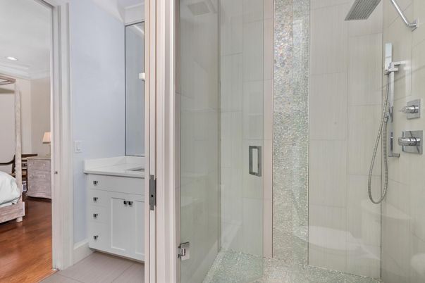 Bathroom, Glass Shower, Interior, Recessed Lighting, Wood Texture Flooring
