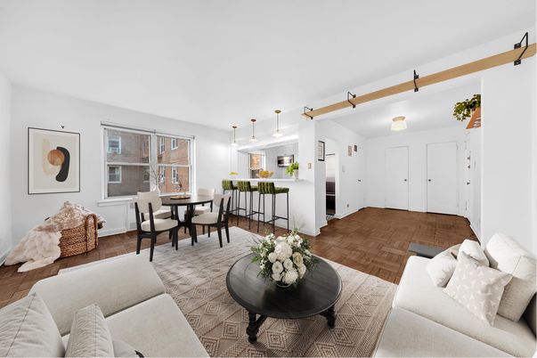 Dining room, Interior, Kitchen, Living room, Pendant Lights, Wood Texture Flooring