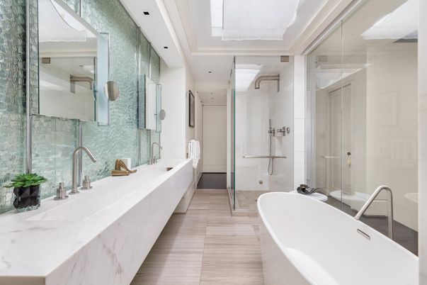 Bathroom, Dual Sink Vanities, Free Standing Baths, Glass Shower, Interior, Recessed Lighting