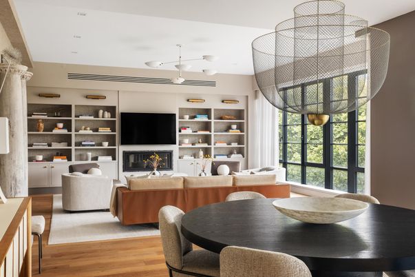 Dining room, Fireplace, Interior, Living room, Pendant Lights, Wood Texture Flooring