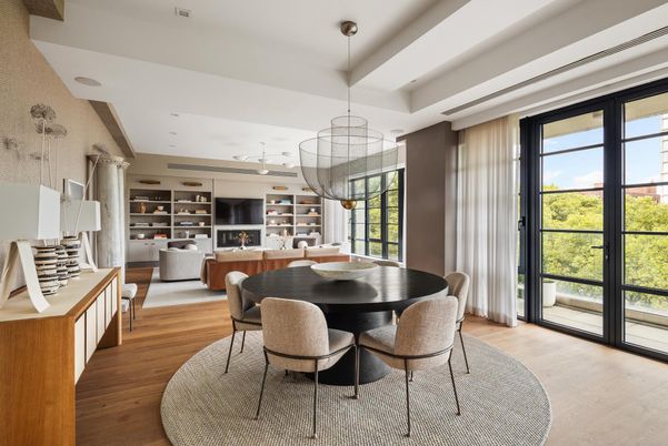 Dining room, Fireplace, Interior, Living room, Pendant Lights, Wood Texture Flooring