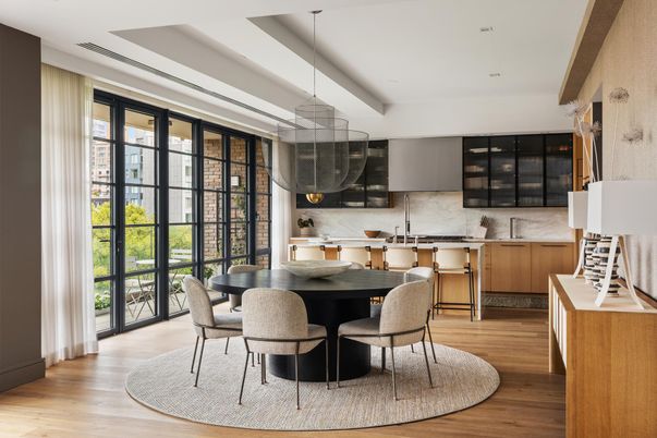 Dining room, Interior, Kitchen, Pendant Lights, Recessed Lighting, Wood Texture Flooring