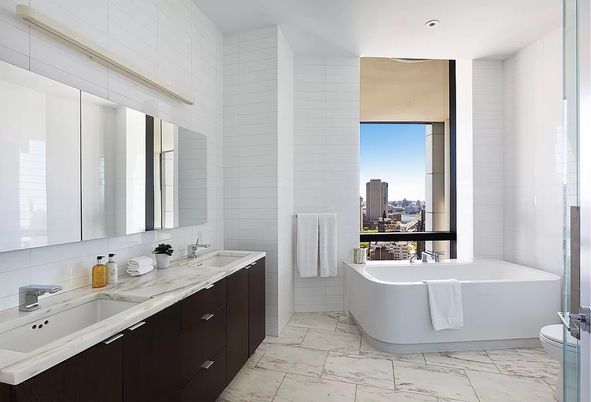 Bathroom, Dual Sink Vanities, Free Standing Baths, Interior, Marble, Recessed Lighting