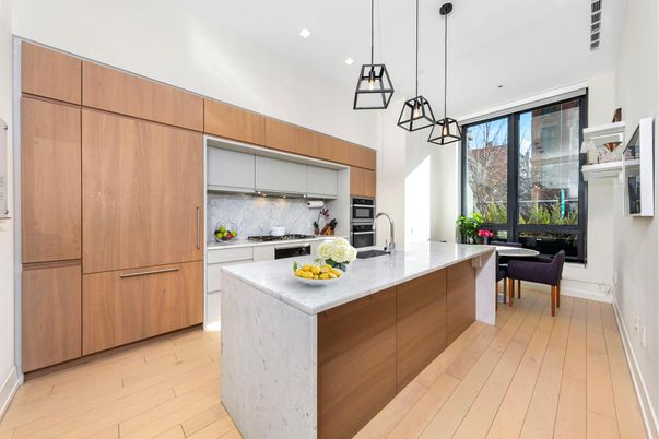 Dining room, Interior, Kitchen, Pendant Lights, Recessed Lighting, Stainless Steel Appliances, Wood Texture Flooring