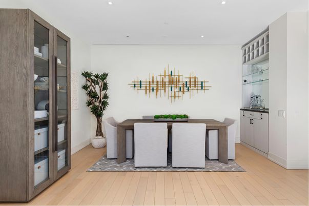 Dining room, Interior, Recessed Lighting, Wood Texture Flooring
