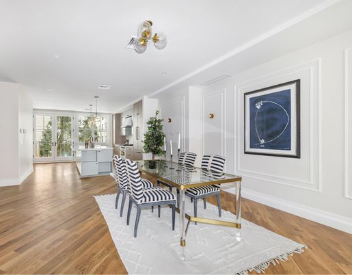 Dining room, Interior, Pendant Lights, Recessed Lighting, Wood Texture Flooring