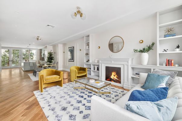 Dining room, Fireplace, Interior, Living room, Pendant Lights, Recessed Lighting, Wood Texture Flooring