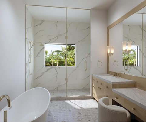 Bathroom, Dual Sink Vanities, Free Standing Baths, Glass Shower, Interior, Marble Walls