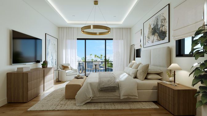 Bedroom, Interior, Pendant Lights, Recessed Lighting, Wood Texture Flooring