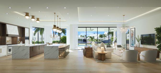 Interior, Kitchen, Living room, Pendant Lights, Recessed Lighting, Wood Texture Flooring