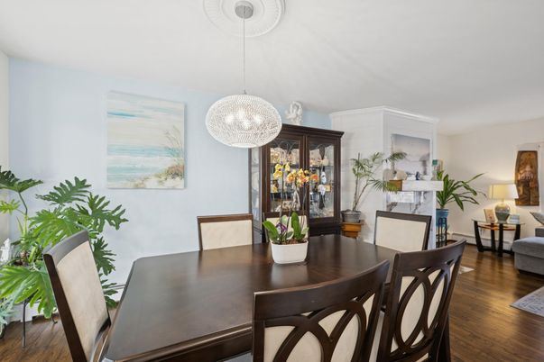 Dining room, Fireplace, Interior, Pendant Lights, Wood Texture Flooring