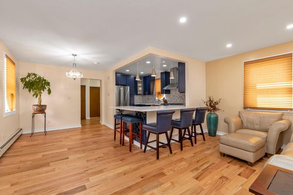 Chandelier, Interior, Kitchen, Pendant Lights, Recessed Lighting, Stainless Steel Appliances, Wood Texture Flooring