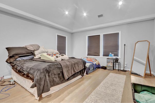 Bedroom, Interior, Recessed Lighting, Wood Texture Flooring