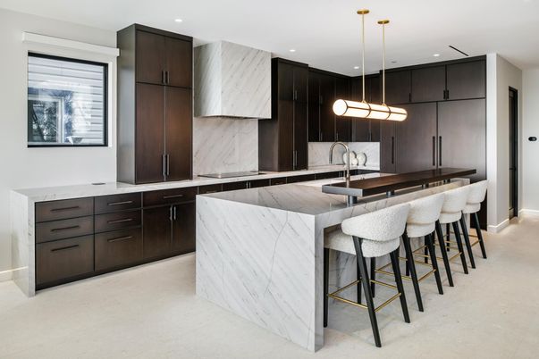 Interior, Kitchen, Marble Walls, Pendant Lights, Recessed Lighting