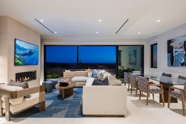 Dining room, Fireplace, Interior, Living room, Recessed Lighting