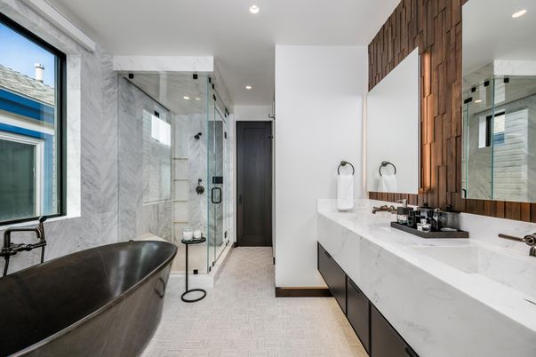 Bathroom, Dual Sink Vanities, Free Standing Baths, Glass Shower, Interior, Marble Walls, Recessed Lighting