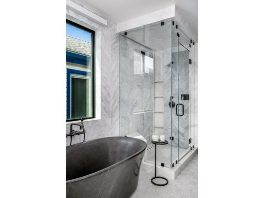 Bathroom, Free Standing Baths, Glass Shower, Interior, Marble Walls