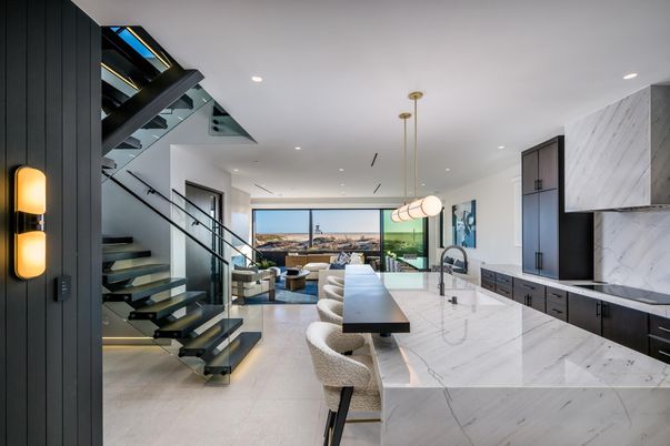 Interior, Kitchen, Living room, Marble Walls, Pendant Lights, Recessed Lighting