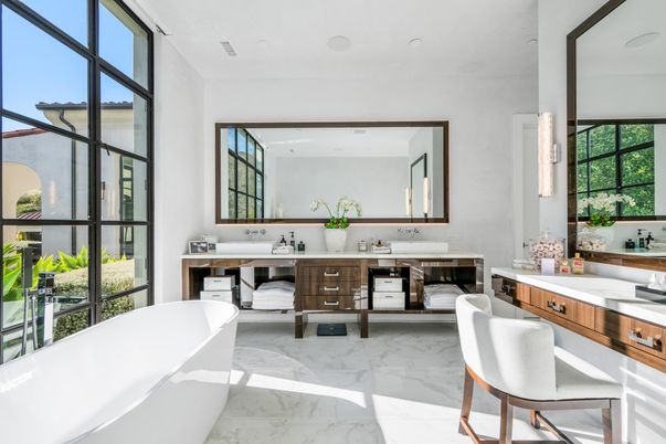 Bathroom, Dual Sink Vanities, Free Standing Baths, Interior, Marble, Recessed Lighting