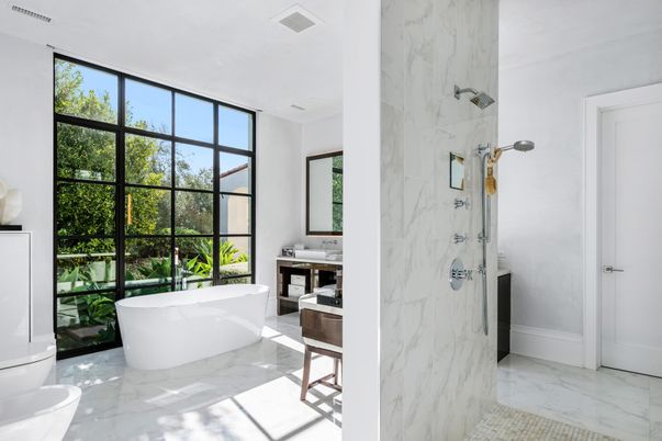 Bathroom, Free Standing Baths, Interior, Marble, Marble Walls, Recessed Lighting