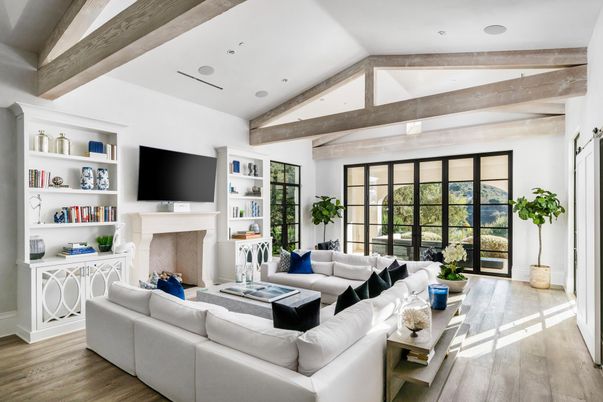 Fireplace, Interior, Living room, Recessed Lighting, Wooden Beams, Wood Texture Flooring