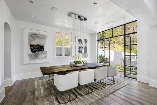 Dining room, Interior, Pendant Lights, Recessed Lighting, Wood Texture Flooring