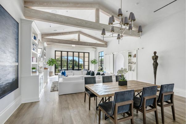 Dining room, Interior, Living room, Pendant Lights, Wooden Beams, Wood Texture Flooring