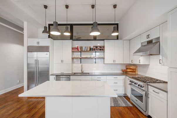 Interior, Kitchen, Pendant Lights, Stainless Steel Appliances, Wood Texture Flooring