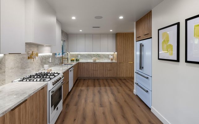 Interior, Kitchen, Recessed Lighting, Stainless Steel Appliances, Wood Texture Flooring