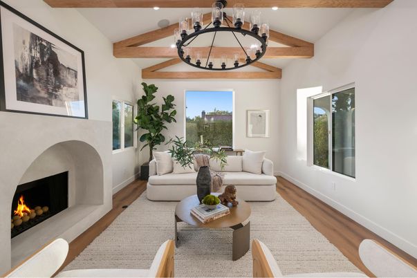 Chandelier, Fireplace, Interior, Living room, Recessed Lighting, Wooden Beams, Wood Texture Flooring