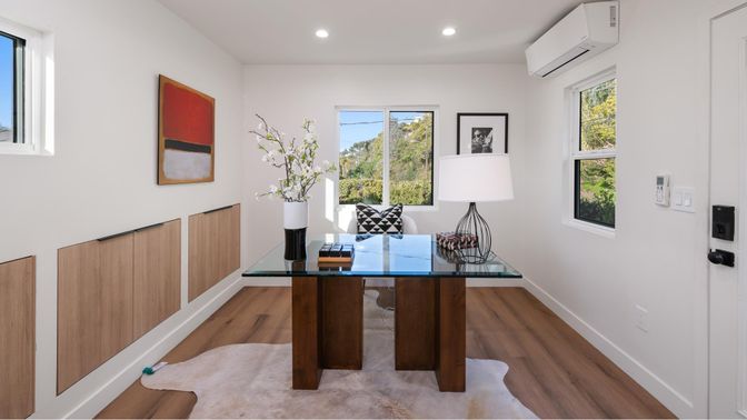 Home Office, Interior, Recessed Lighting, Wood Texture Flooring