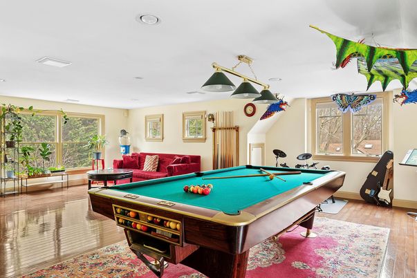 Billiard Table, Game Room, Interior, Recessed Lighting, Wood Texture Flooring