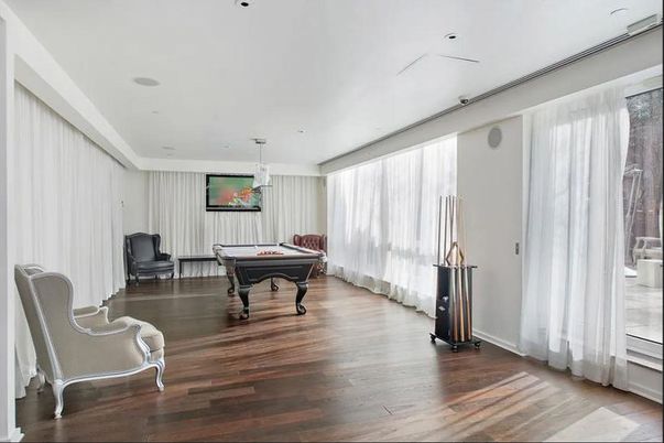 Billiard Table, Game Room, Interior, Pendant Lights, Recessed Lighting, Wood Texture Flooring