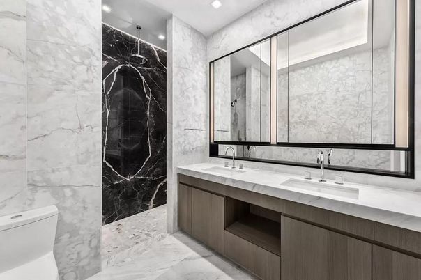 Bathroom, Dual Sink Vanities, Interior, Marble, Marble Walls, Recessed Lighting