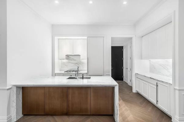 Interior, Kitchen, Marble Walls, Recessed Lighting, Wood Texture Flooring