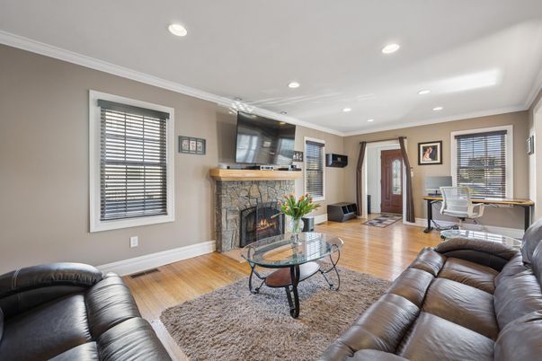 Fireplace, Home Office, Interior, Living room, Recessed Lighting, Wood Texture Flooring