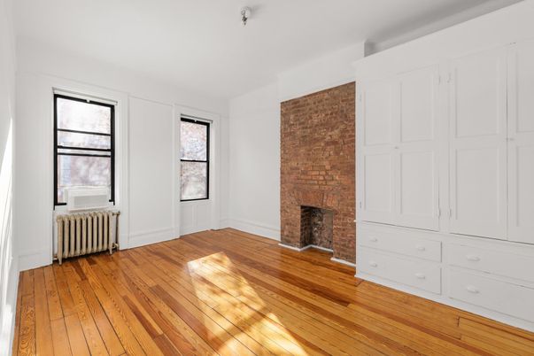 Empty room, Fireplace, Interior, Stone Walls, Wood Texture Flooring