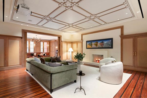 Chandelier, Dining room, Fireplace, Interior, Living room, Pendant Lights, Recessed Lighting, Wood Texture Flooring