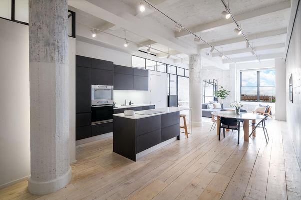 Dining room, Interior, Kitchen, Pendant Lights, Stainless Steel Appliances, Wood Texture Flooring