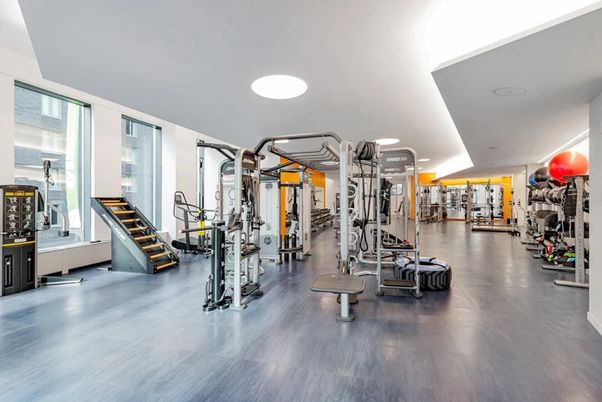 Fitness Equipment, Gym, Interior, Recessed Lighting, Wood Texture Flooring