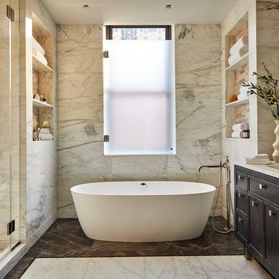 Bathroom, Free Standing Baths, Glass Shower, Interior, Marble, Marble Walls, Recessed Lighting