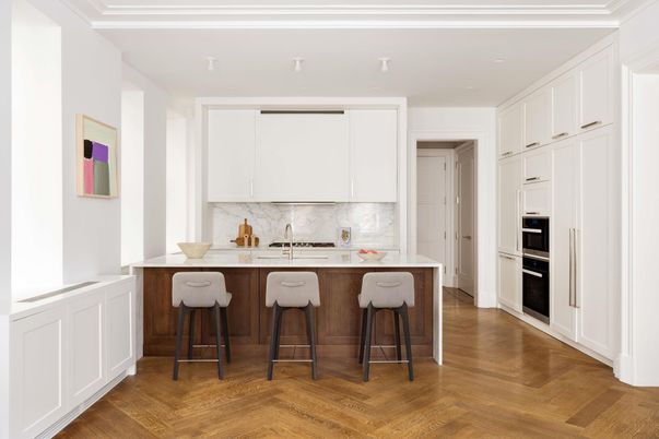 Interior, Kitchen, Marble Walls, Recessed Lighting, Wood Texture Flooring