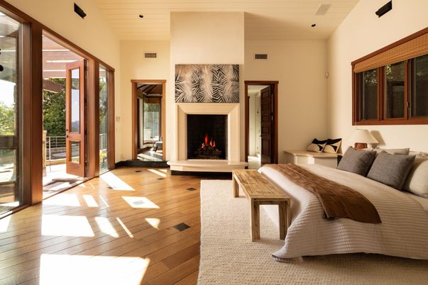 Bedroom, Fireplace, Interior, Recessed Lighting, Wood Texture Flooring