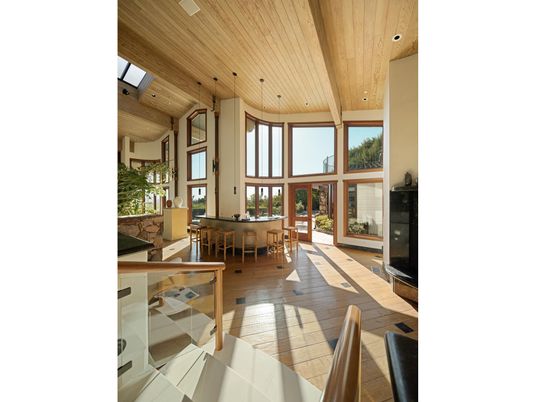 Dining room, Fireplace, Interior, Pendant Lights, Recessed Lighting, Wooden Ceilings, Wood Texture Flooring