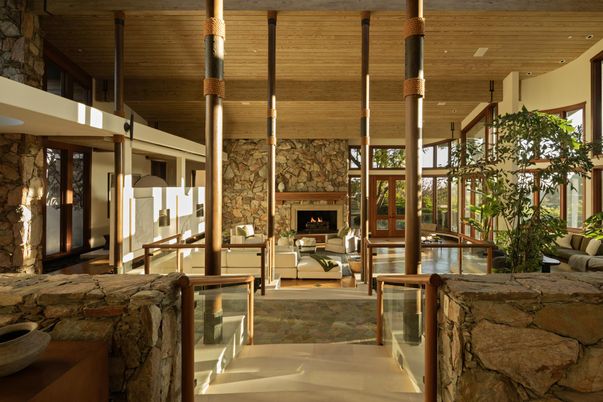 Fireplace, Interior, Living room, Pendant Lights, Stone Walls, Wooden Ceilings