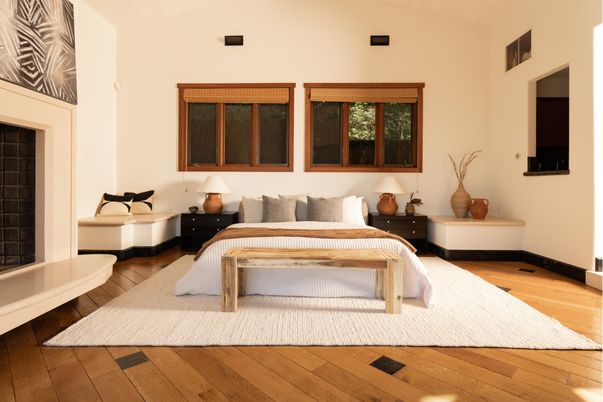 Bedroom, Fireplace, Interior, Wood Texture Flooring