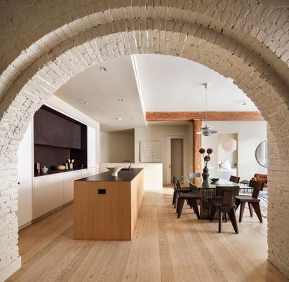 Dining room, Fireplace, Interior, Pendant Lights, Recessed Lighting, Wood Texture Flooring