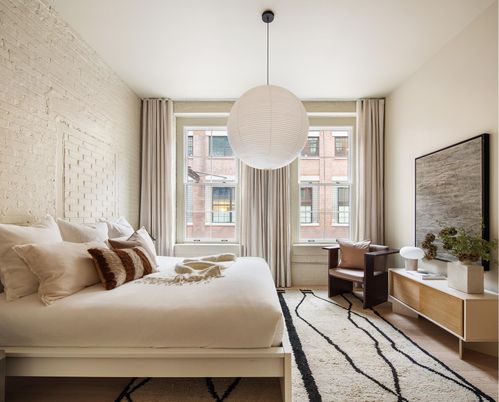 Bedroom, Interior, Pendant Lights, Wood Texture Flooring