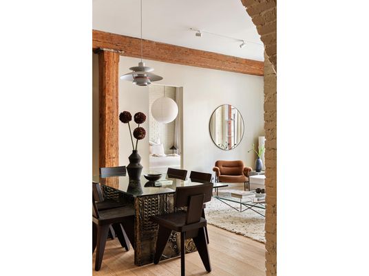 Dining room, Interior, Living room, Pendant Lights, Wooden Beams, Wood Texture Flooring